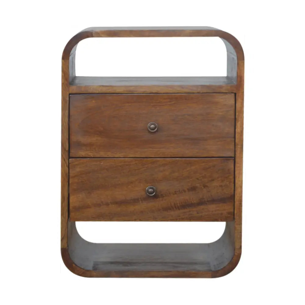 A sleek chestnut curve drawer bedside with two curved drawers in warm brown wood for opulent furniture style