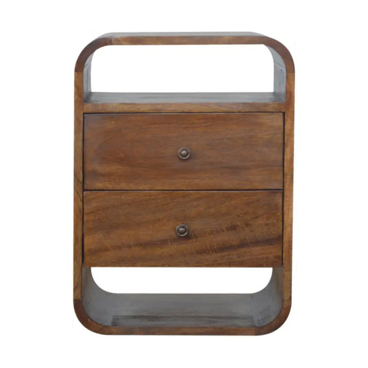 A sleek chestnut curve drawer bedside with two curved drawers in warm brown wood for opulent furniture style