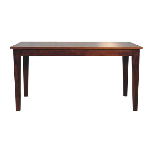 Dark brown chestnut dining table with smooth polished finish and sturdy rectangular wooden legs for dining room use
