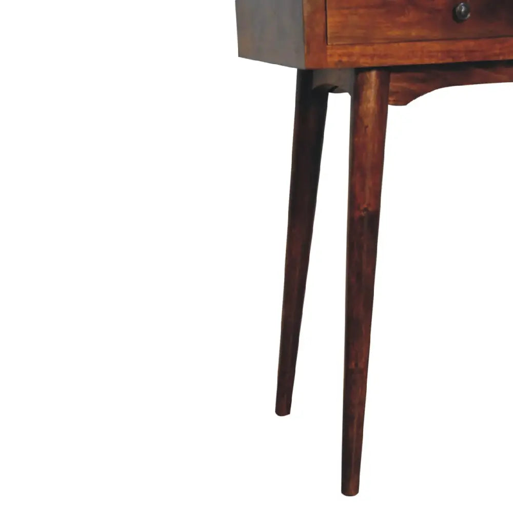 Dark brown wooden chestnut hallway console table with tapered legs and single drawer with black round knob