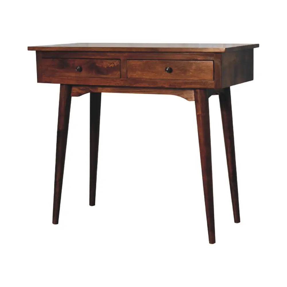 Dark wood chestnut hallway console table with two drawers and tapered legs for stylish hallway storage