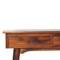 Rich mahogany console table with single drawer and dark metal knob featuring tapered legs from chestnut hallway series