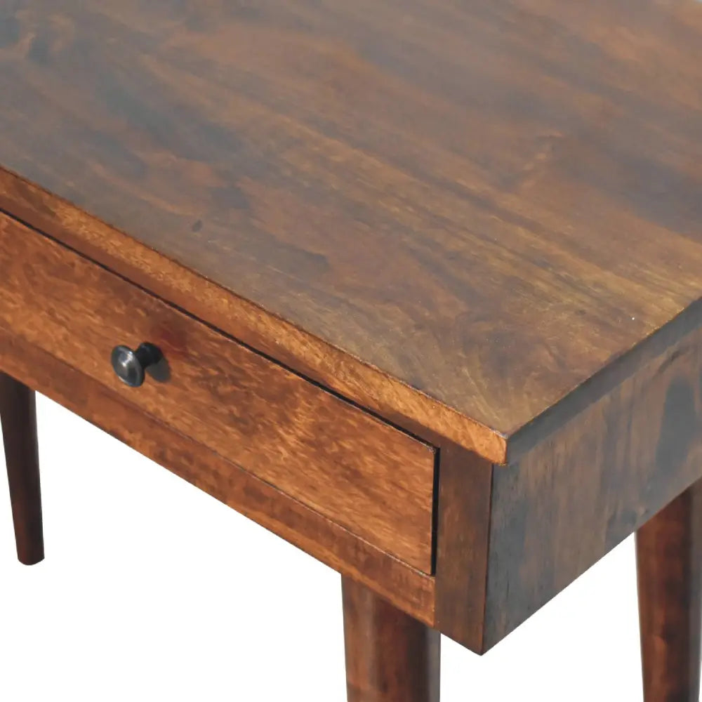 Dark brown wooden chestnut hallway console table with single drawer black round knob and tapered legs