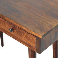 Dark brown wooden chestnut hallway console table with single drawer black round knob and tapered legs