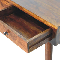 Rustic chestnut hallway console table with tapered legs and a single drawer featuring a dark metal knob