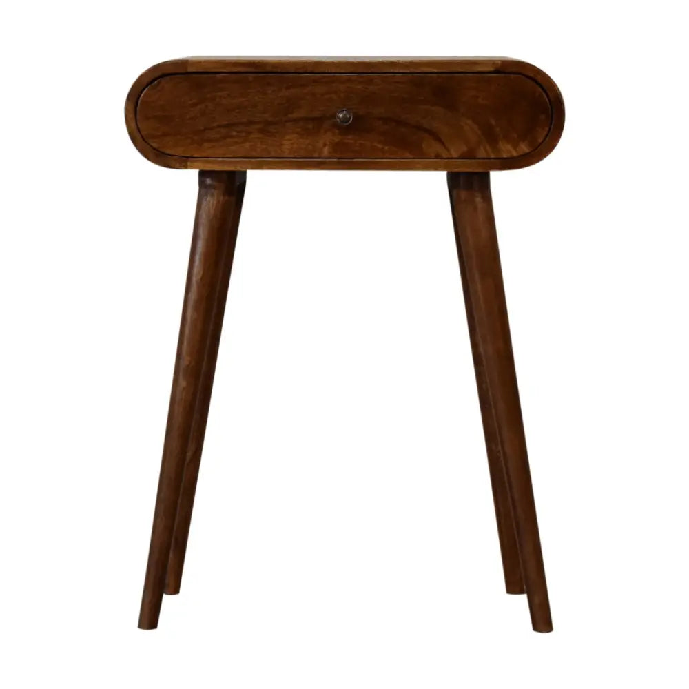 A sleek dark brown wooden side table with rounded top and tapered legs chestnut london mini console