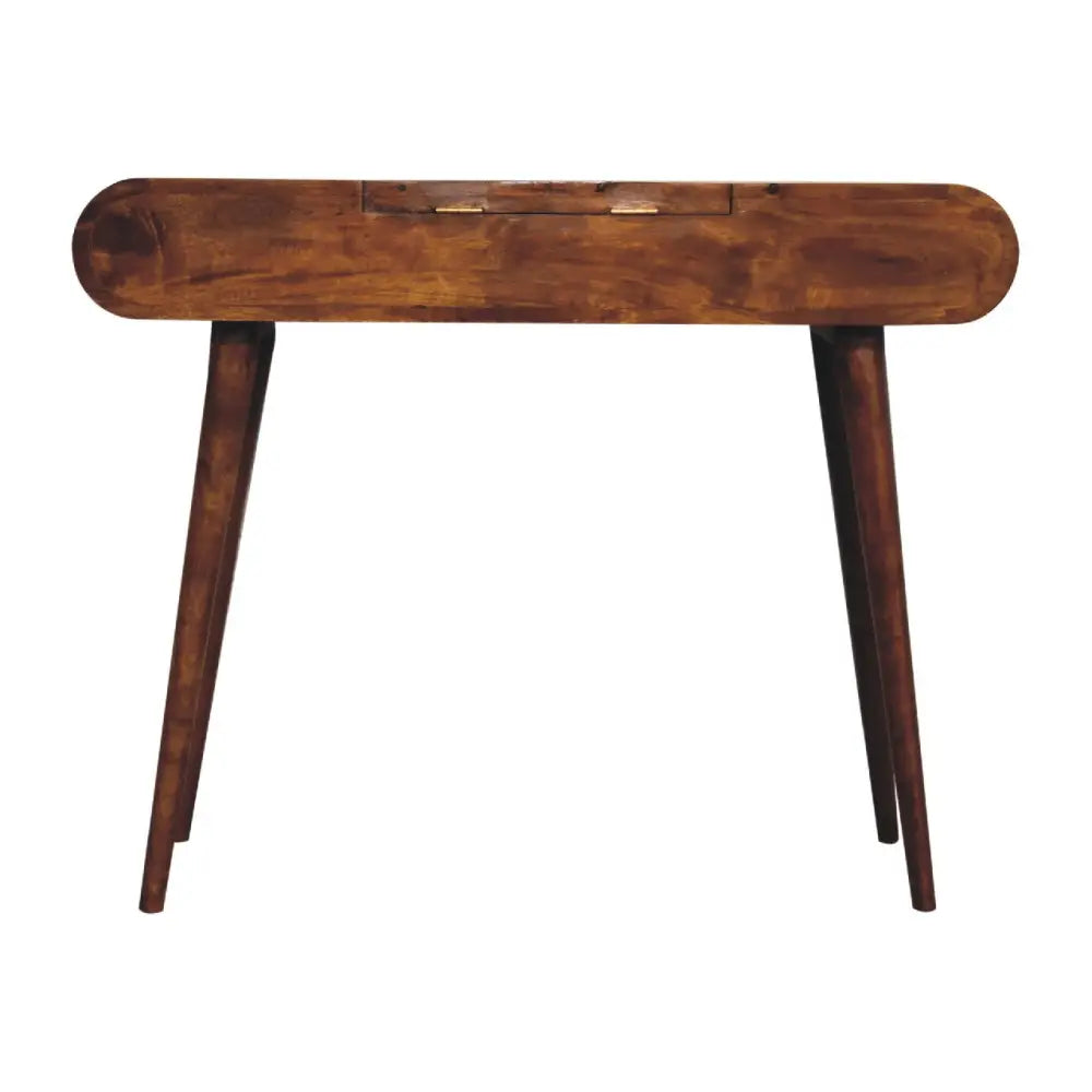 A sleek dark brown wooden console table with rounded top and tapered legs for chestnut mirror dressing use