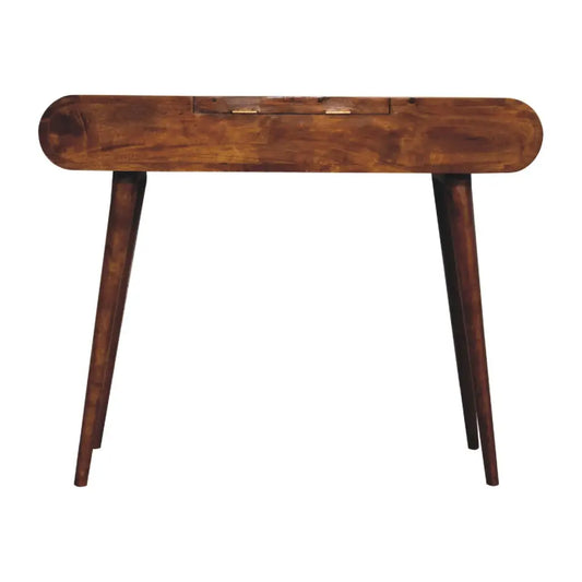 A sleek dark brown wooden console table with rounded top and tapered legs for chestnut mirror dressing use