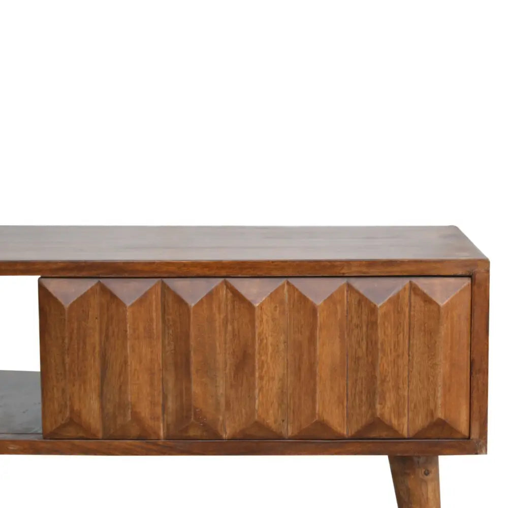 A mid-century modern wooden chestnut prism sliding media unit with geometric faceted front and tapered legs