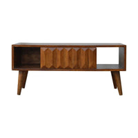 Mid-century modern wooden media unit with rich brown chestnut prism sliding design and geometric paneling details