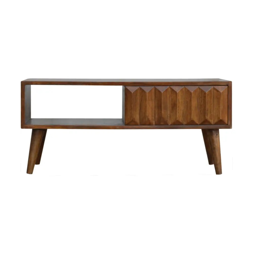 Mid-century modern chestnut prism sliding media unit with rich brown wood finish geometric paneling and tapered legs