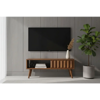 Modern chestnut prism sliding media unit with tapered legs and geometric wooden paneling media unit design