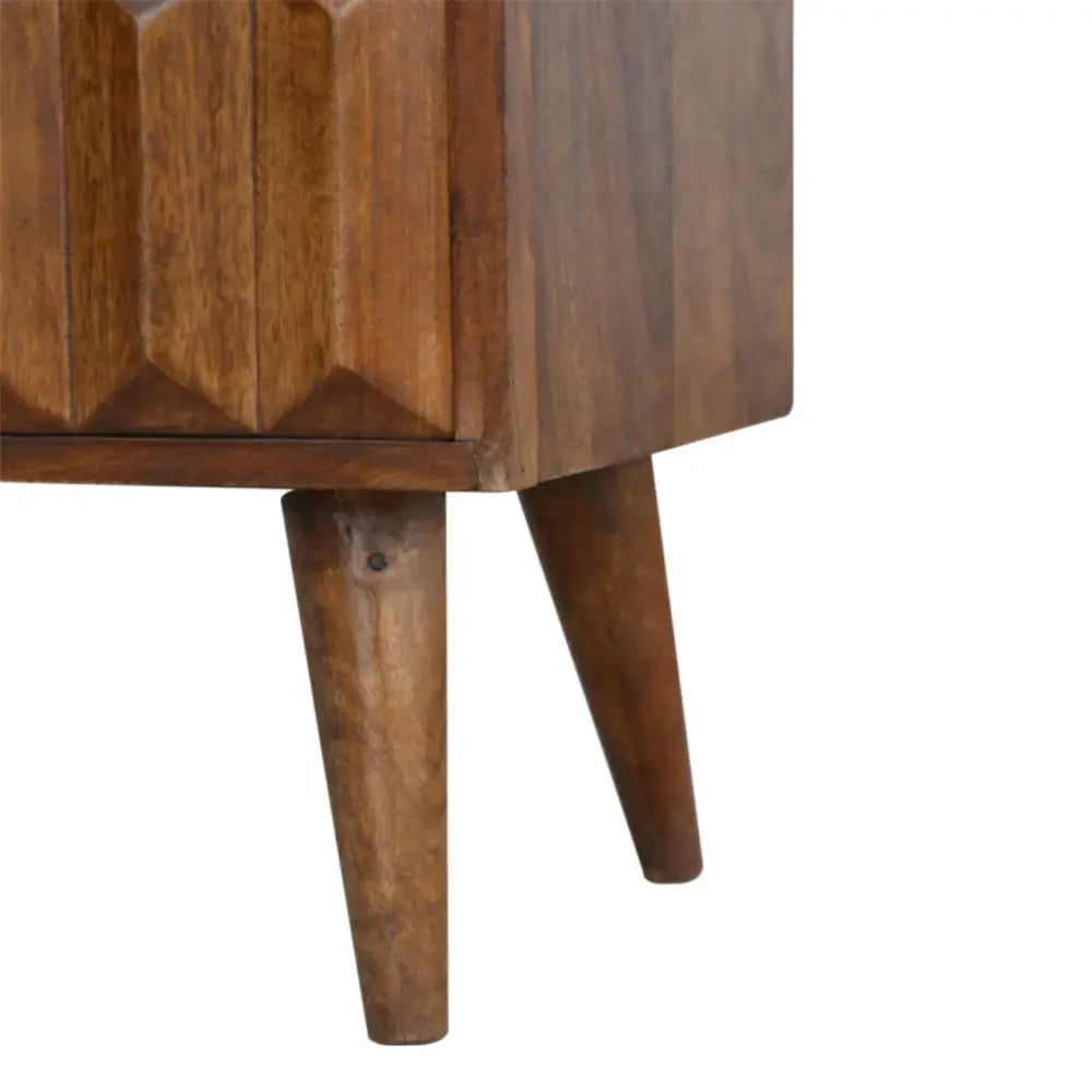 Mid-century modern wooden media unit with chestnut finish geometric paneling and tapered legs for sliding media use
