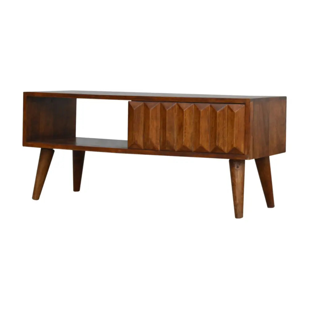 Mid-century modern wooden chestnut prism sliding media unit with geometrically carved drawer front and tapered legs