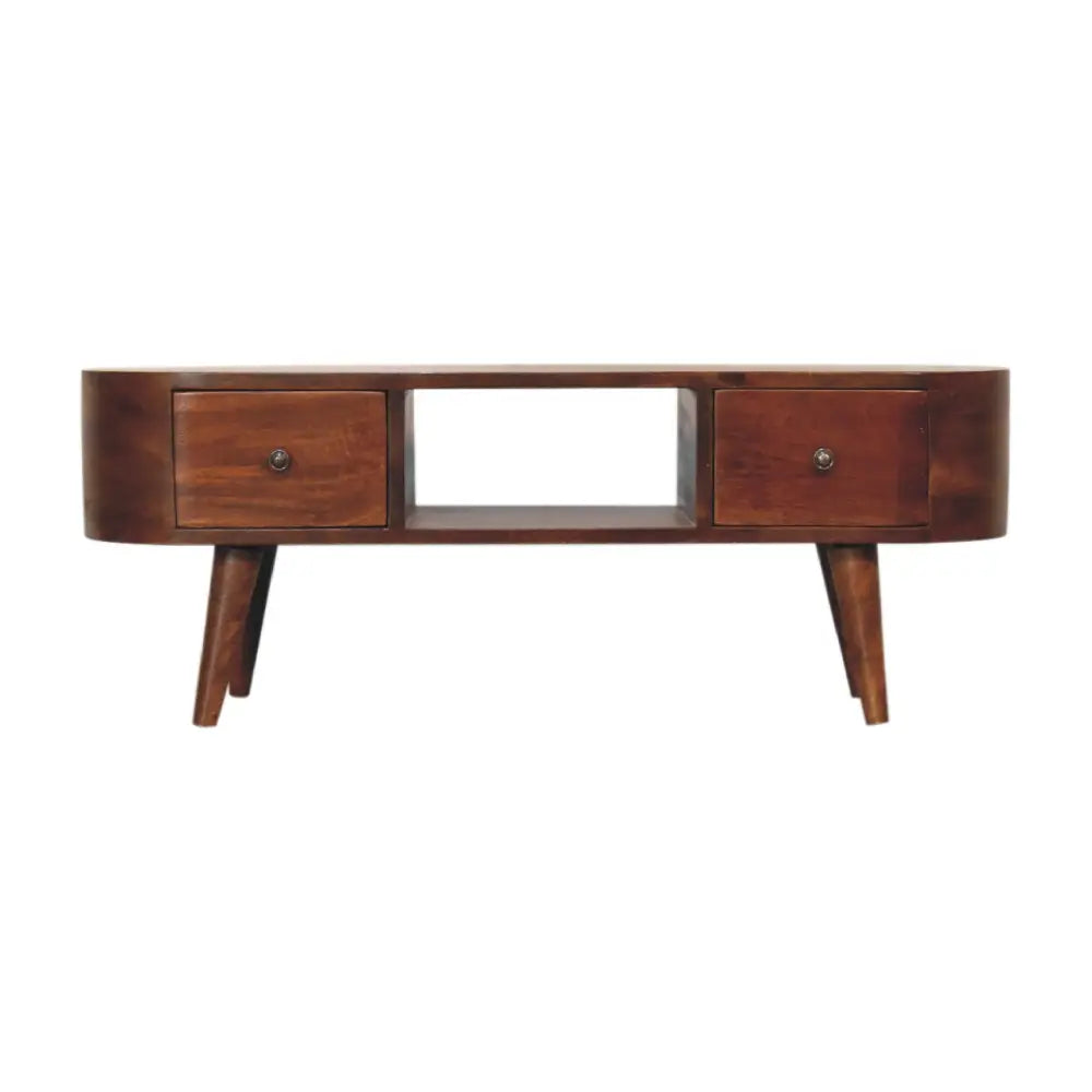 A sleek dark brown wooden chestnut round open media unit with two drawers and tapered legs for storage