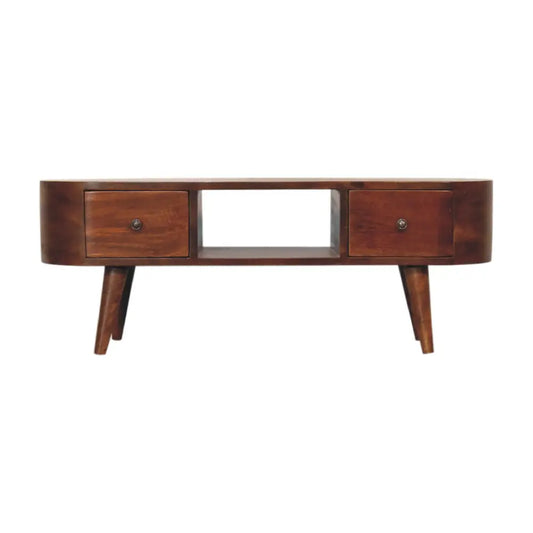 A sleek dark brown wooden chestnut round open media unit with two drawers and tapered legs for storage