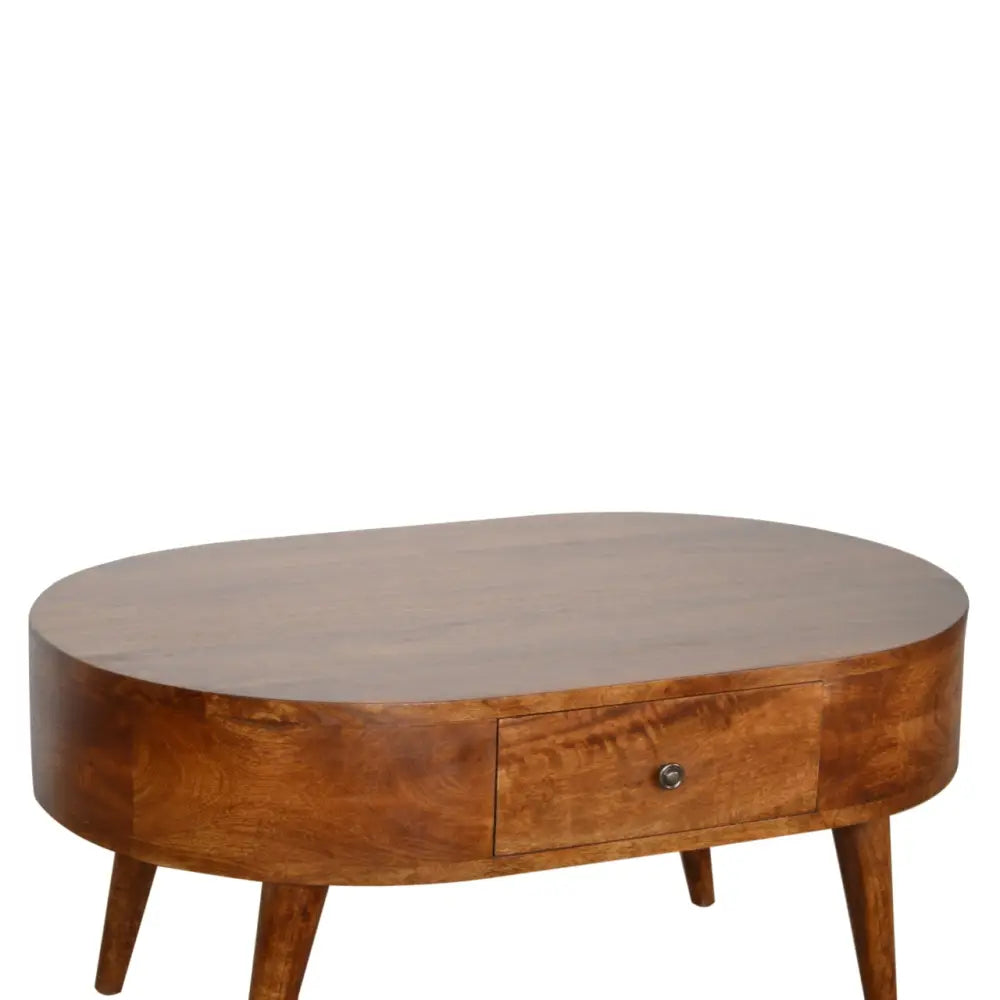 Chestnut rounded coffee table with warm-toned wood, tapered legs, smooth surface, and single drawer coffee table