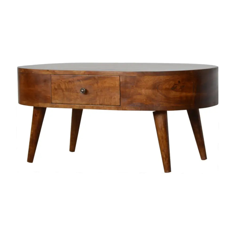 Chestnut rounded coffee table with warm medium brown wood, oval shape, single drawer, and tapered legs perfect as a coffee table