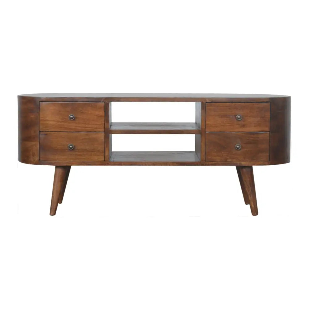 Mid-century modern chestnut rounded entertainment unit with dark brown wooden finish, tapered legs, drawers, and central shelf