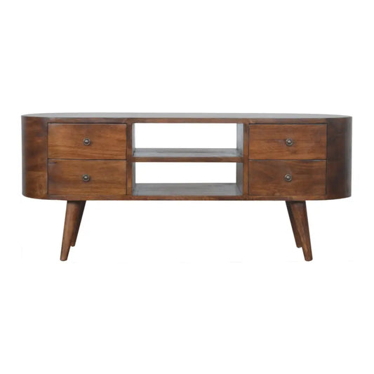Mid-century modern chestnut rounded entertainment unit with dark brown wooden finish, tapered legs, drawers, and central shelf