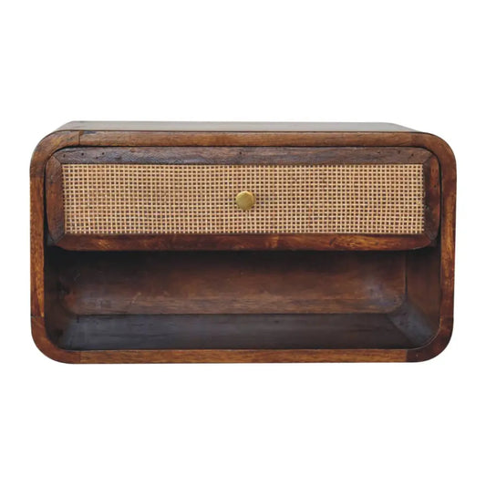 Chestnut wall mounted dark wood nightstand with single drawer featuring woven cane front and brass knob