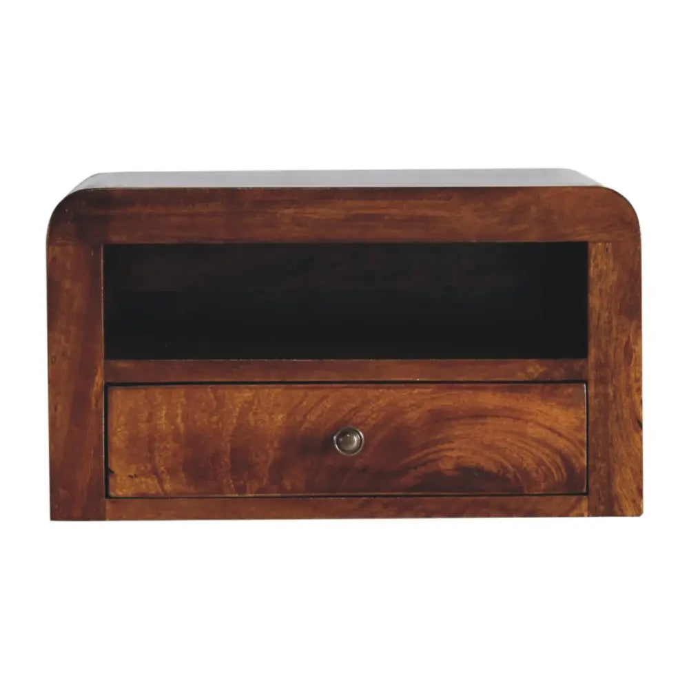 Chunky chestnut drawer wall mounted nightstand in rich brown wood with single drawer and curved top edges