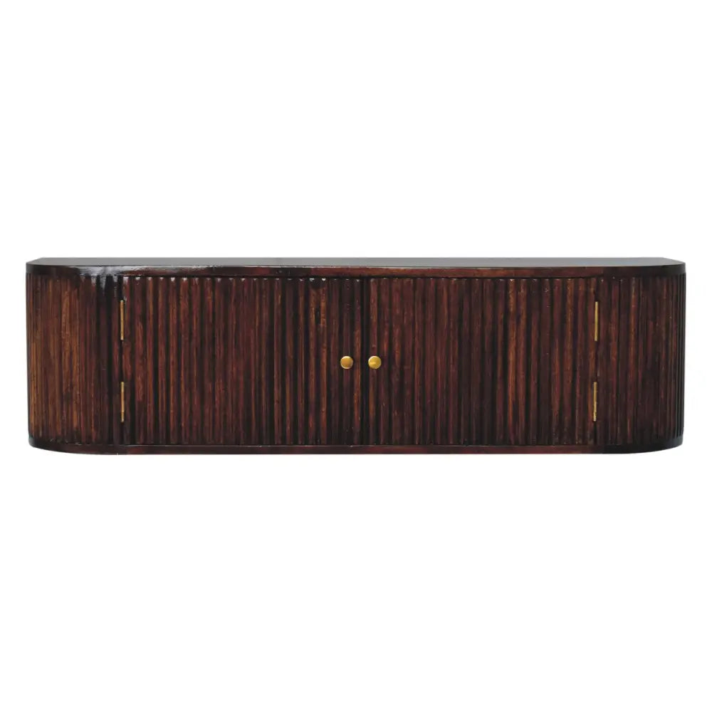 Dark brown chunky chestnut wall mounted console with vertical ribs and gold toned knobs for stylish storage
