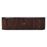 Dark brown chunky chestnut wall mounted console with vertical ribs and gold toned knobs for stylish storage