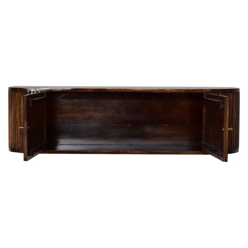 Dark brown chunky chestnut wall mounted console table with vertical grooves and open doors showing empty interior