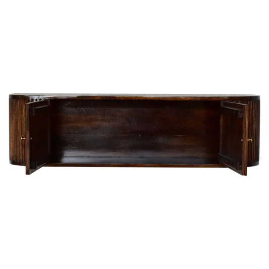Dark brown chunky chestnut wall mounted console table with vertical grooves and open doors showing empty interior