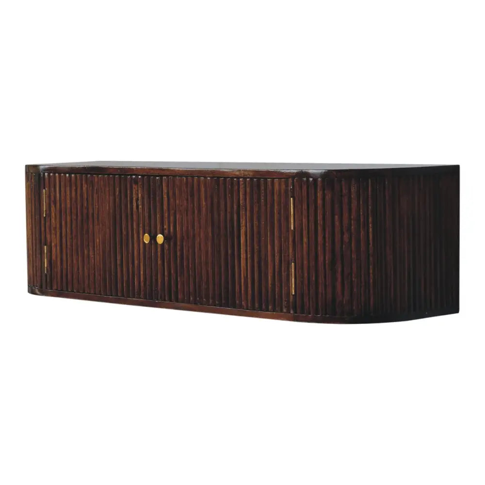 Dark brown bamboo chunky chestnut wall mounted console with gold circular knobs and brass hinges for stylish storage