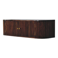 Dark brown bamboo chunky chestnut wall mounted console with gold circular knobs and brass hinges for stylish storage