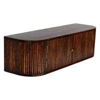 Dark brown chunky chestnut wall mounted sideboard with vertical slats and brass hardware in chestnut wood