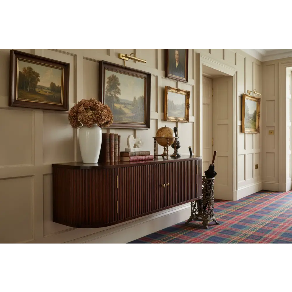Dark wood chunky chestnut wall mounted console table with vertical grooves and brass handles in chestnut finish