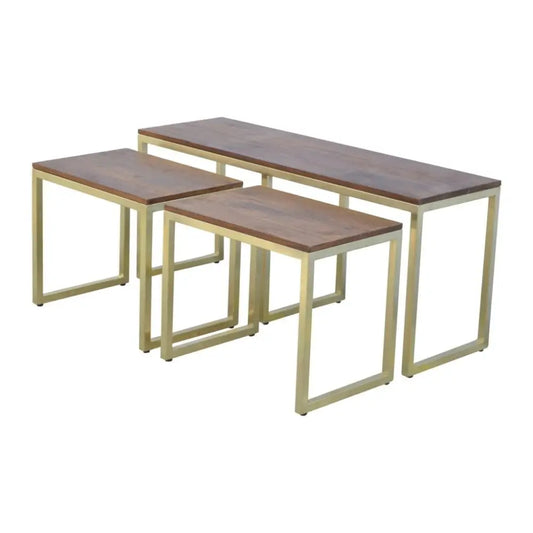 Set of three nesting tables with dark wood tops and chunky gold metal frames perfect as a chunky gold table set