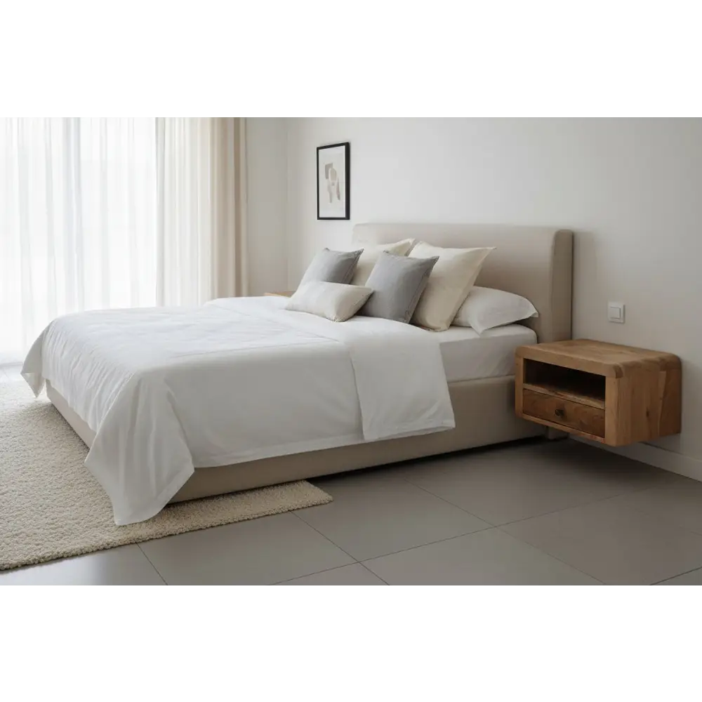 Beige upholstered bed with matching headboard and pillows next to chunky oak-ish floating bedside with single drawer and open shelf