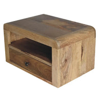 A chunky oak-ish floating bedside with a natural finish featuring a single drawer and open shelf below