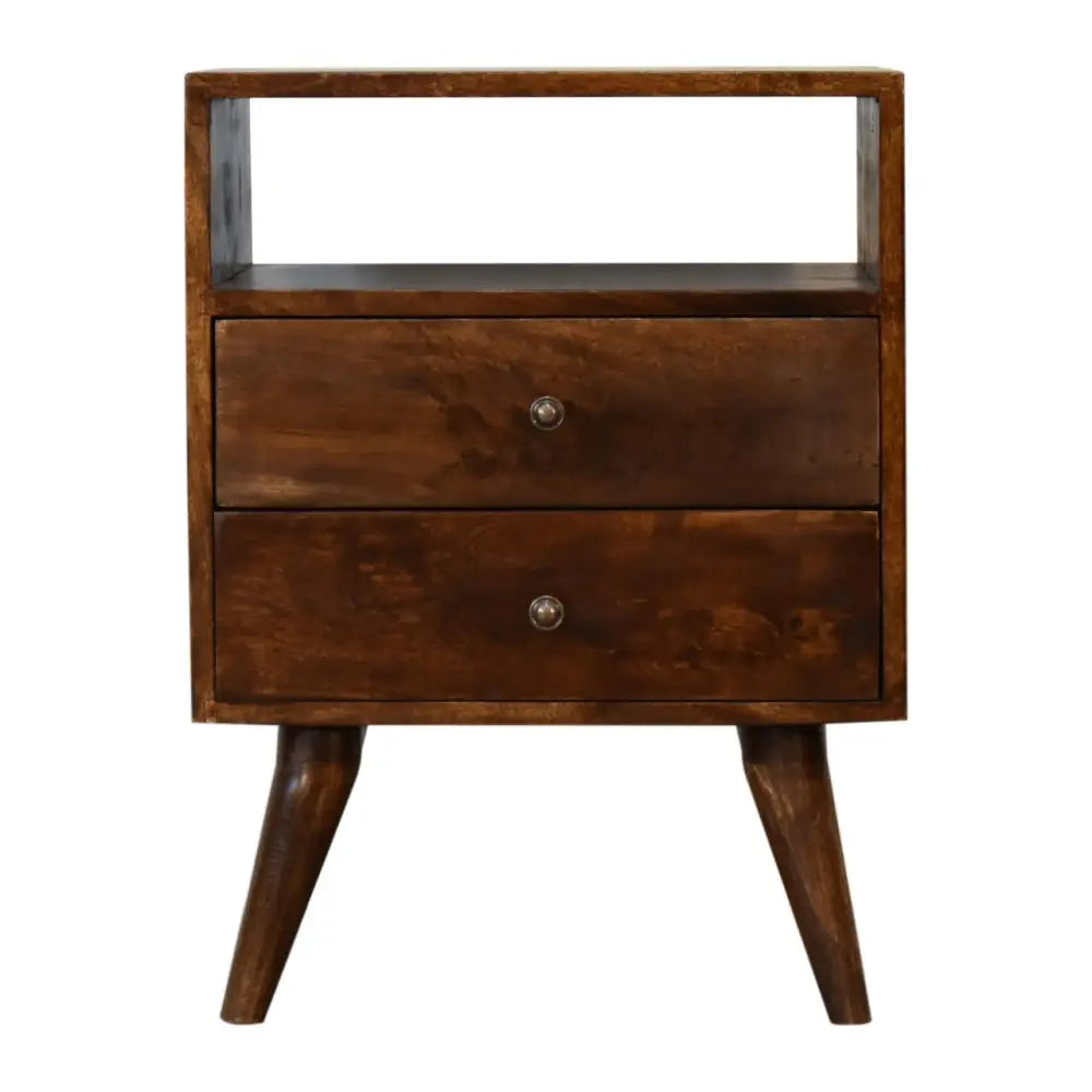 Mid-century modern wooden nightstand with two drawers and tapered legs in classic chestnut bedside style