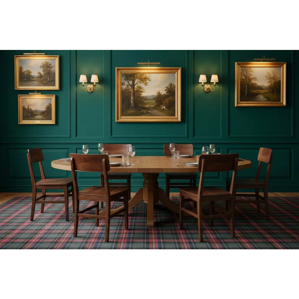 Round wooden dining table with classic chestnut dining chairs featuring a central pedestal base in dark wood