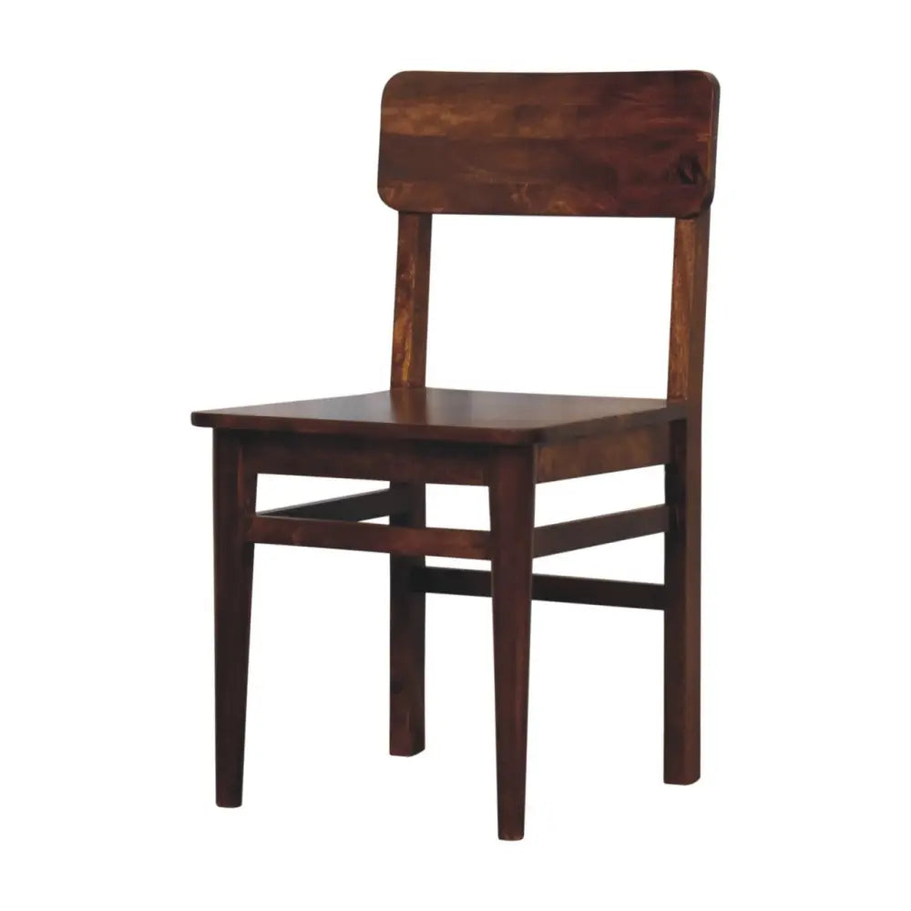 Classic chestnut dining chair made of dark brown wood with a simple minimalist design and straight legs