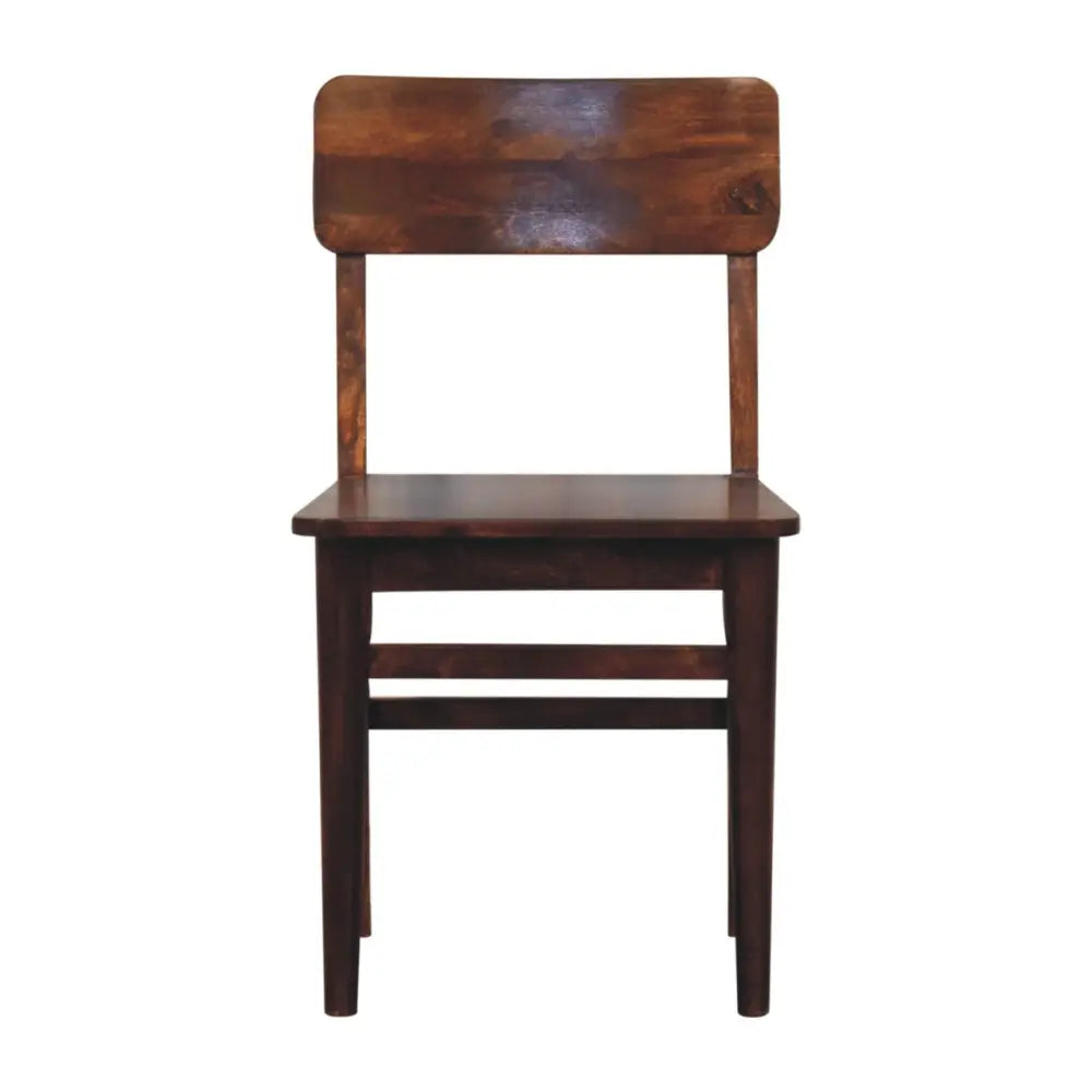 Classic chestnut dining chair with dark brown wood, minimalist design, and visible wood grain perfect for dining rooms