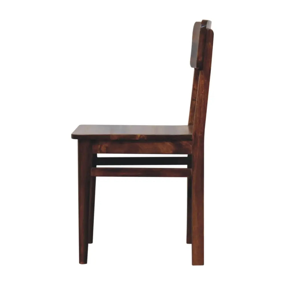 Dark brown wooden classic chestnut dining chair with simple sturdy design and vertical slats on backrest