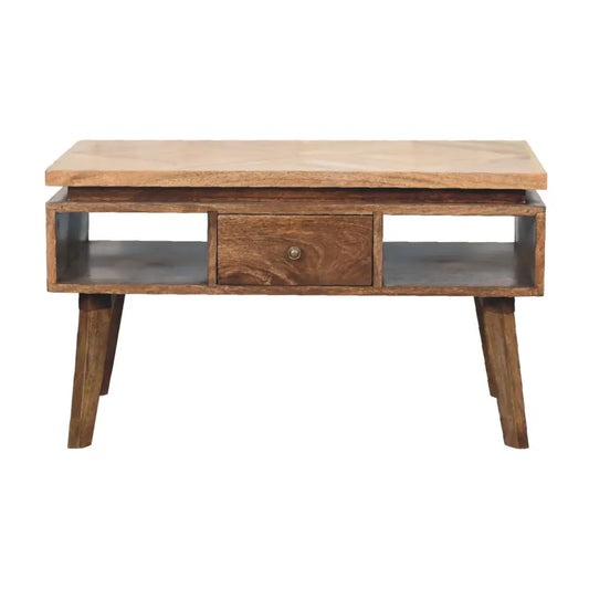 Classic grey granary coffee table with a rustic light wood top dark sides and a central drawer with a brass knob