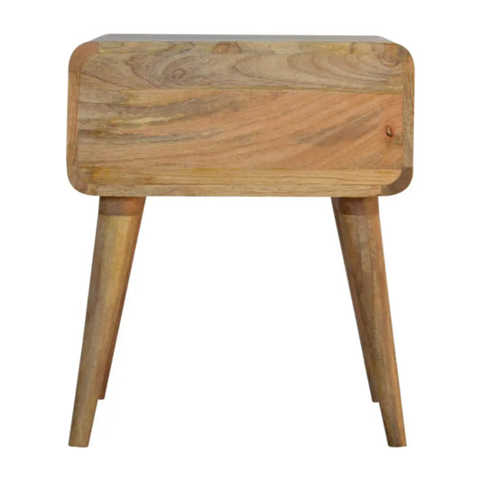 A close-knit bedside rustic wooden nightstand with natural finish and tapered legs perfect for luxury furniture for modern homes