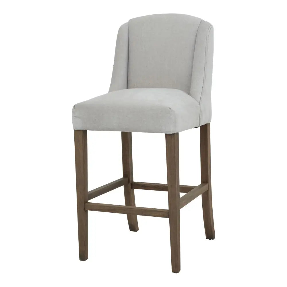 Beige upholstered compton grey bar stool with curved back and dark wood legs for stylish grey bar stool seating