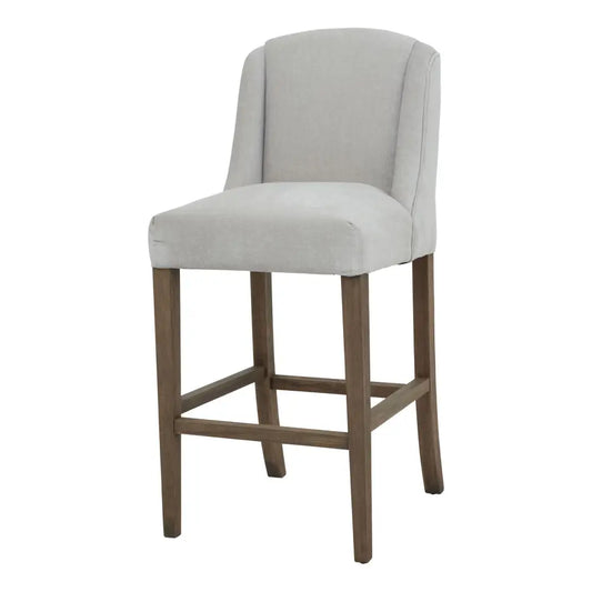 Beige upholstered compton grey bar stool with curved back and dark wood legs for stylish grey bar stool seating