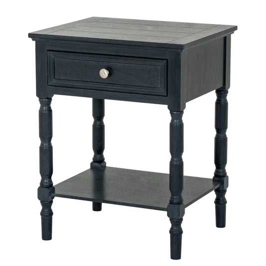 Black wood contour collection nightstand with single drawer silver knob turned legs and lower shelf
