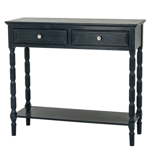 Black wooden drawer console from contour collection with two drawers and an elongated tabletop and turned legs