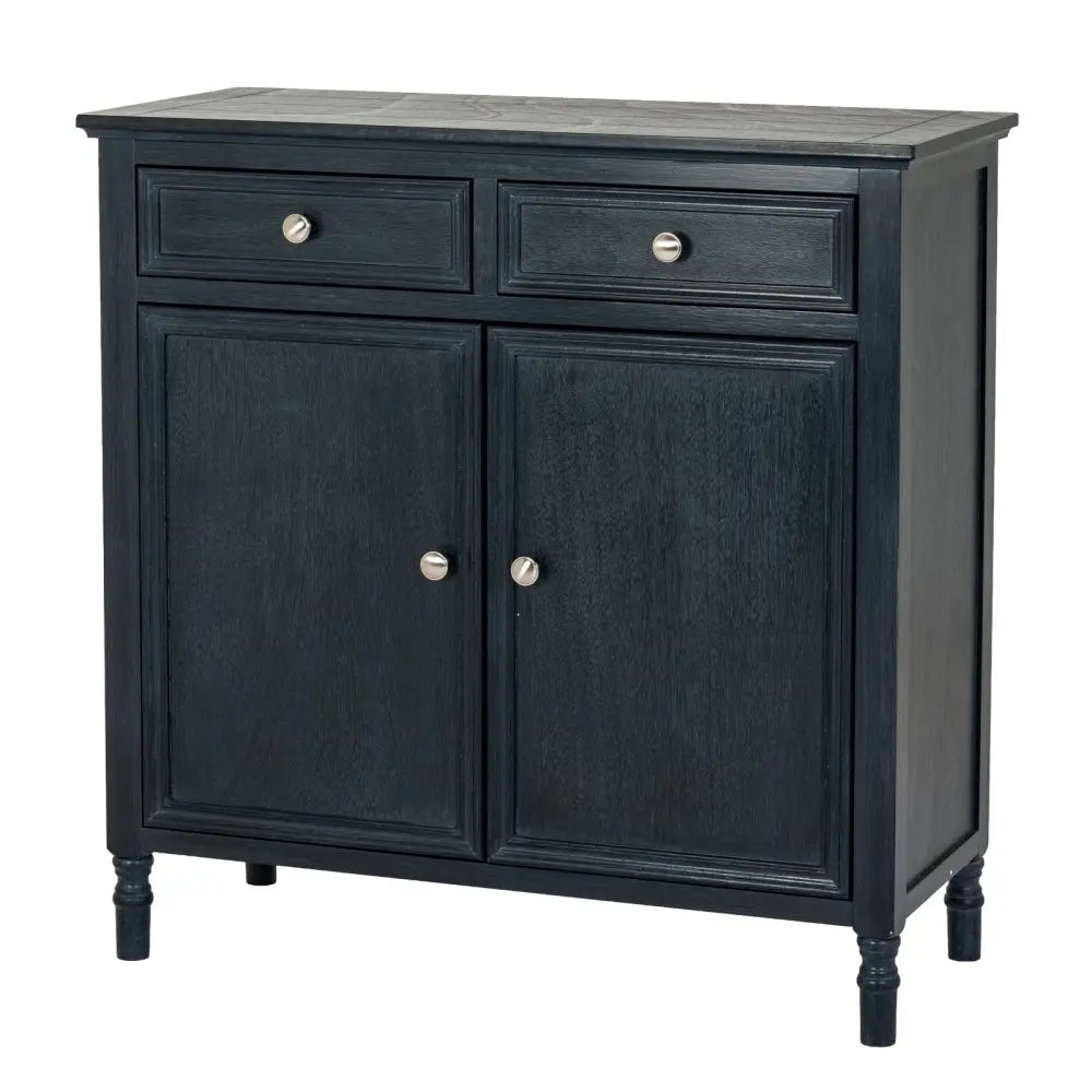 Black distressed wood door sideboard with two drawers and silver knobs from contour collection refined finish