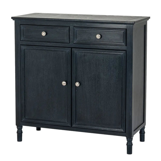 Black distressed wood door sideboard with two drawers and silver knobs from contour collection refined finish